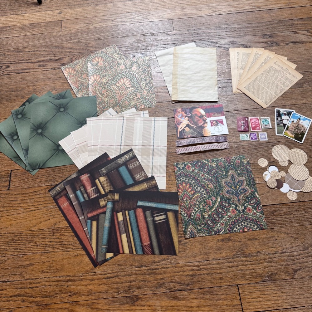Junk journal Wallpaper, stamps, circles, cards postcard ephemera pack 2320